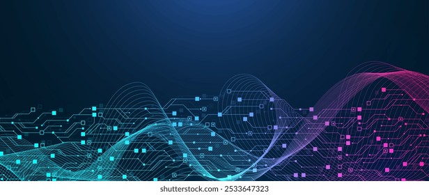 Artificial Intelligence with circuit electric line style. Digital futuristic machine learning design. AI graphic design for website, banner, header, social media, mobile app, UI. Vector illustration