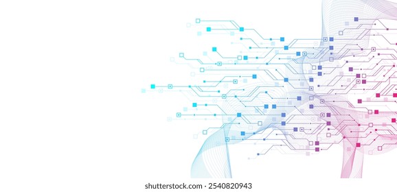 Artificial Intelligence with circuit electric line style. Digital futuristic machine learning design. AI graphic design for website, banner, header, social media, mobile app, UI. Vector illustration.