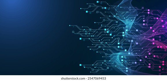 Artificial Intelligence with circuit electric line style. Digital futuristic machine learning design. AI graphic design for website, banner, header, social media, mobile app, UI. Vector illustration.