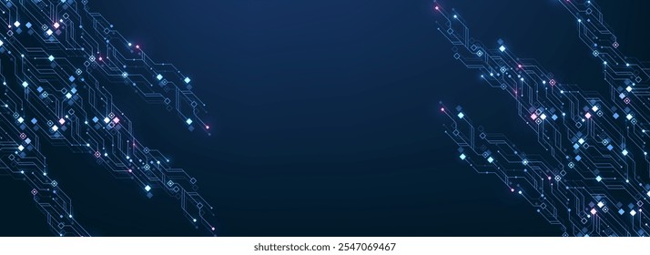 Artificial Intelligence with circuit electric line style. Digital futuristic machine learning design. AI graphic design for website, banner, header, social media, mobile app, UI. Vector illustration.