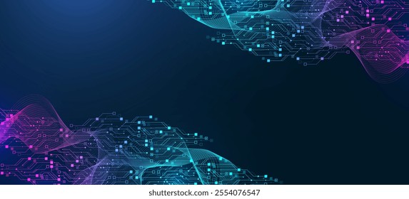 Artificial Intelligence with circuit electric line style. Digital futuristic machine learning design. AI graphic design for website, banner, header, social media, mobile app, UI. Vector illustration