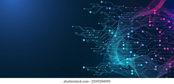 Artificial Intelligence with circuit electric line style. Digital futuristic machine learning design. AI graphic design for website, banner, header, social media, mobile app, UI. Vector illustration.