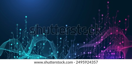 Artificial Intelligence with circuit electric line style. Digital futuristic machine learning design. AI graphic design for website, banner, header, social media, mobile app, UI. Vector illustration.