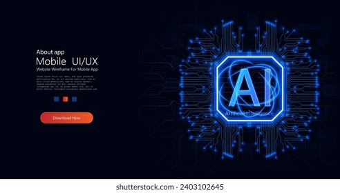 Artificial intelligence circuit line style. Futuristic microchip processor with lights on the blue background. Technology background. Motherboard digital chip. Vector illustration