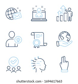 Artificial intelligence, Click hand and Employee results line icons set. Diploma certificate, save planet, group of people. User idea, Best manager and World mail signs. Vector