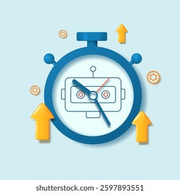 Artificial intelligence clock with hands and gears in the background. Concept of speeding up the work process and saving time with AI. Vector 3D illustration.