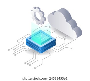 Ilustración 3D de la red de la nube de la inteligencia artificial plana isométrica