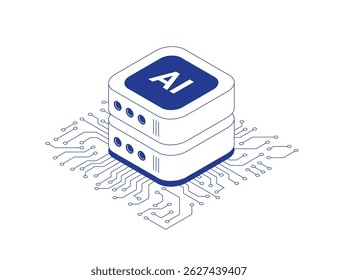 Servidor em nuvem de inteligência artificial com trilhas de placa de circuito e fluxos de dados mostrando o processamento de informações na ilustração de vetor de contorno de linha isométrica.