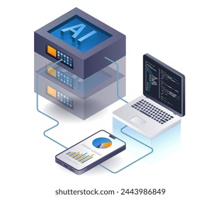 Artificial intelligence cloud server programmer analysis, flat isometric 3d illustration