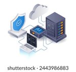 Artificial intelligence for cloud server security, flat isometric 3d illustration