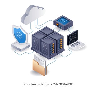 Artificial intelligence for cloud server security, flat isometric 3d illustration