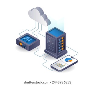 Análisis del smartphone del servidor de la nube de la inteligencia artificial, ilustración 3d isométrica plana