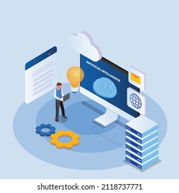 Artificial intelligence coding isometric 3d vector illustration concept banner, website, landing page, ads, flyer template