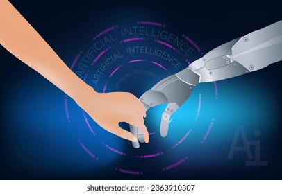 
Artificial Intelligence collaborates with humans. Vector illustration in flat style of robot hand and human hand holding each other on blue background, technology concept