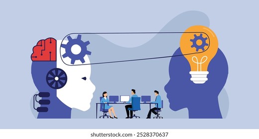 Artificial Intelligence Collaboration with Human Innovation in Business 2d flat vector illustration