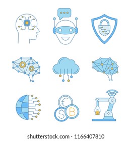Artificial intelligence color icons set. AI. Chat bot, cybersecurity, neurotechnology, cloud computing, big data, internet of things, digital brain, currency exchange. Isolated vector illustrations