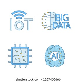 Artificial intelligence color icons set. Neural network. Neurotechnology. Internet of things, big data, chip, ai. Isolated vector illustrations