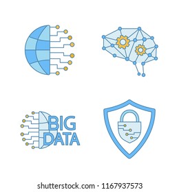 Artificial intelligence color icons set. Information technologies. Deep learning AI, big data, cybersecurity. Isolated vector illustrations