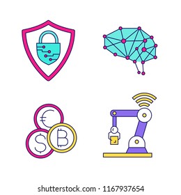 Artificial intelligence color icons set. Cyberspace. Neurotechnology. Cybersecurity, digital brain, currency exchange, IoT robot. Isolated vector illustrations
