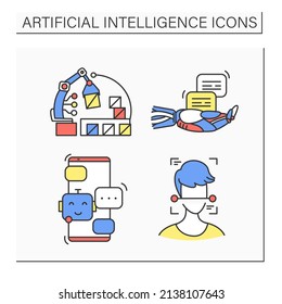  Artificial intelligence color icons set. Voice to text, ai surveillance, e-commerce, chat bot.Isolated vector illustrations