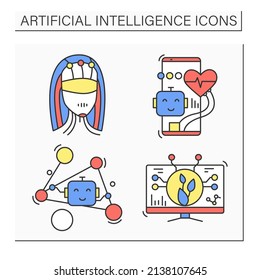  Artificial intelligence color icons set. Smart personal assistant, social networking, AI in healthcare,farming.Isolated vector illustrations