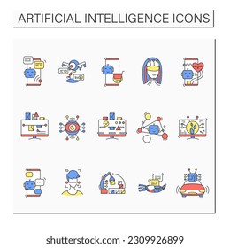  Artificial intelligence color icons set. Digital technologies illustration pictograms for business, retail, transport, communication, agriculture, security and medicine.Isolated vector illustration