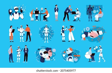 Artificial intelligence color set with robotics development symbols flat isolated vector illustration