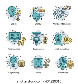 Artificial intelligence colored icon set with descriptions of droids energy programming development power and others vector illustration