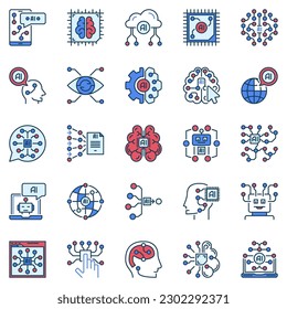 Farbige Symbole der künstlichen Intelligenz. AI-Technologie-Konzept, Vektorgrafik-Sammlung moderner Zeichen