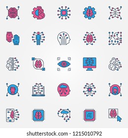 Artificial Intelligence colored icons set - AI technology and cyberbrain modern creative signs or logo elements