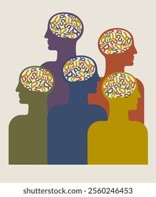 Artificial Intelligence. Colored profiles of people with abstract image of brain in the form of signs. Vector illustration