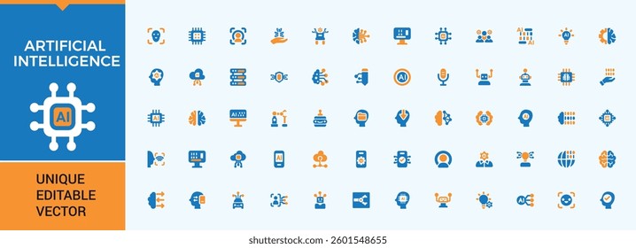 Artificial Intelligence colorful icon set. Pack of science, intelligence, robot, ai, intelligent, technology and more. Minimal flat solid web icons pack. Tech icon collection. Conceptual pictogram.