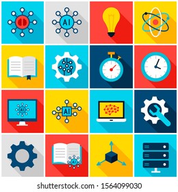 Artificial Intelligence Colorful Icons. Vector Illustration. Set of Flat Rectangle Computer Items with Long Shadow.