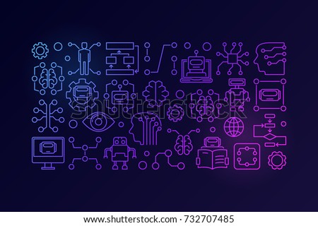 Artificial intelligence colorful vector illustration made with linear icons of robots, brain and other technology on dark background