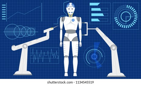 The artificial intelligence was compounded 
by two automatic machines, The making of robotic android on blue background with high technology interface, vector illustration in flat style