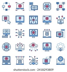 Artificial Intelligence Computer colored icons set. AI PC Technology concept creative signs collection