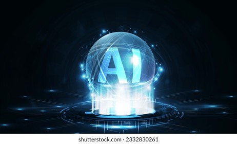 Artificial Intelligence computer database concept. Blue CPU in form of hologram sphere on digital podium. Tech Futuristic Template.