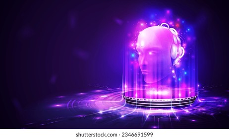 Artificial Intelligence computer database concept. Robot head of artificial intelligence hanging over digital hologram podium. Supercomputer in form of futuristic cyborg head.