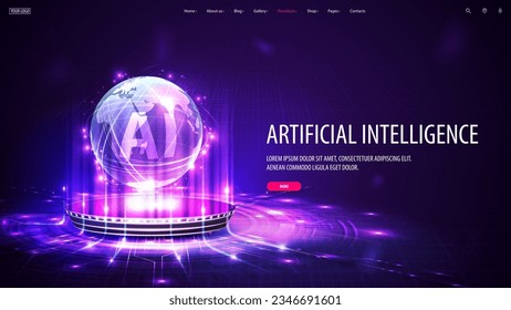 Concepto de base de datos de computadora de Inteligencia Artificial, Banner web. Procesadores de ordenador central CPU en forma de holograma de esfera en podio digital.