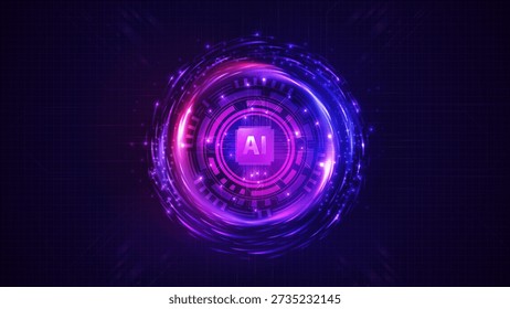 Artificial Intelligence computer database concept. Glowing purple circle with Artificial Intelligence chip in the meddle. Tech Futuristic Template. Central Computer Processors CPU concept. Digital chip. Database concept