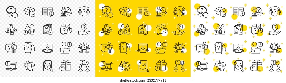 Artificial Intelligence computer, phone with Question mark, Problem solve. Questions line icons. Quiz, faq guide, job interview line icons. Ask person, question bubble, family problem. Vector