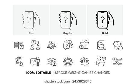 Artificial Intelligence computer, phone with Question mark, Problem solve. Questions line icons. Quiz, faq guide, job interview line icons. Ask person, question chat bubble. Line icons set. Vector