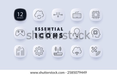 Artificial intelligence and computing set icon. AI processing, cloud computing, circuit board, keyboard, digital brain, fingerprint, gaming, cybersecurity, wireless connection, satellite signal