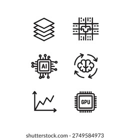 artificial intelligence and computing technology line icon set
