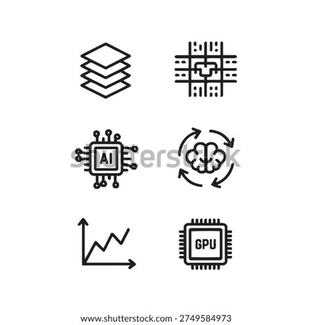 artificial intelligence and computing technology line icon set