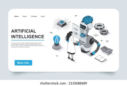 Concepto de inteligencia artificial en diseño de contorno de página de aterrizaje isométrica 3d. Ingeniero científico trabajando con IA y entrenando cerebro robot, plantilla web de línea de aprendizaje automático. Ilustración vectorial.