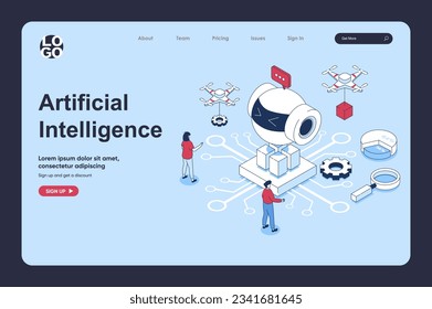 Artificial intelligence concept in 3d isometric design for landing page template. People working and programming ai robots, machine learning, creating circuit technology. Vector illustration for web