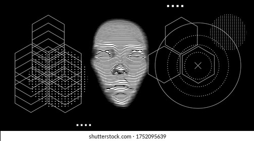 Artificial Intelligence Concept. 3D Model Of Human Face Made Of Lines, Op Art Surreal Style.
