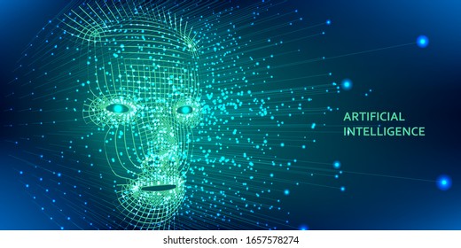 Artificial intelligence concept. 3d wireframe face  in particles flow. Abstract  grid human face. AI. Vector illustration.