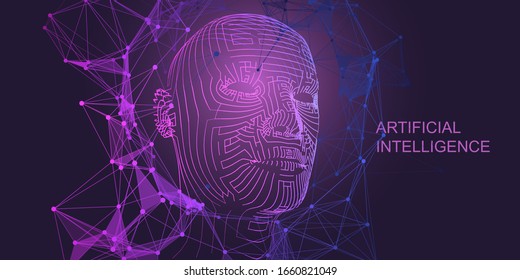 Artificial intelligence concept. 3d wireframe head from lines. Abstract digital grid human face. AI. Vector illustration.